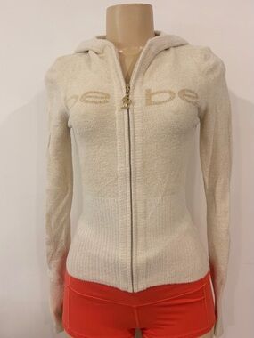 bebe Cream Hooded Zip Front Logo Jacket with Gold Accents